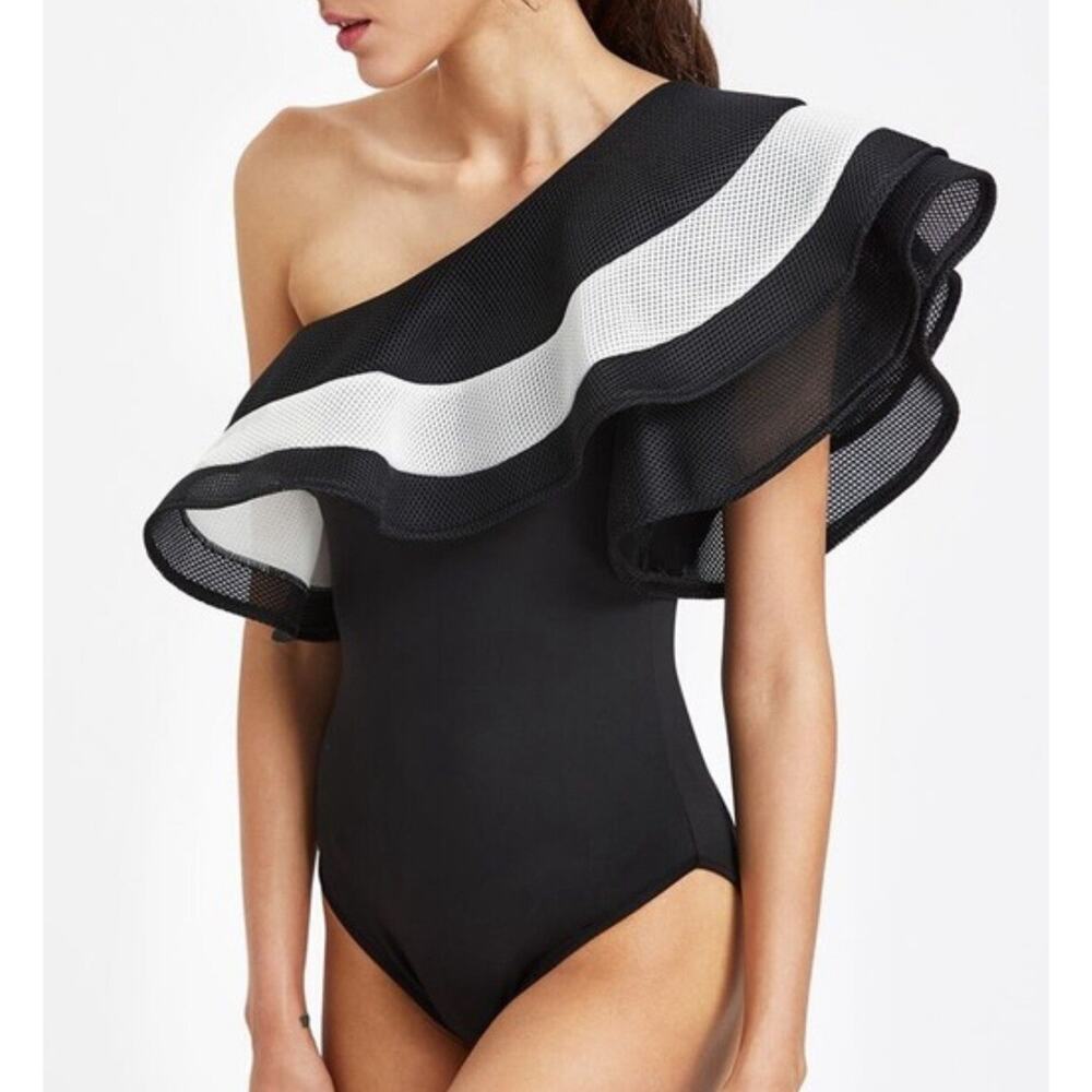 NEW SHEIN One Shoulder Ruffled Stripe Bodysuit Size XL